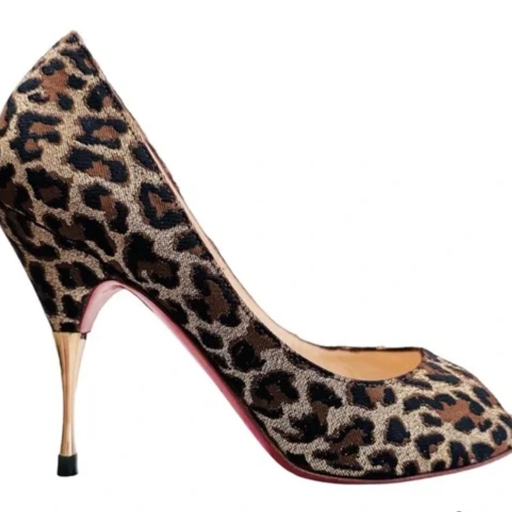 CHRISTIAN LOUBOUTIN Brown & Gold Metallic Leopard Giaguaro Yoyospina Peep Toe